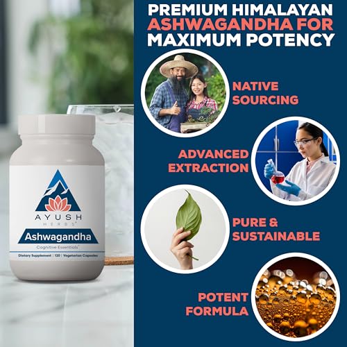 Ayush Herbs Ashwagandha Capsules - Ashwagandha for Men & Women, Ashwagandha Supplements, Pure Ashwagandha Root Powder for Stress, 500mg per Pill - 120 Vegetarian Caplets (1 Count)