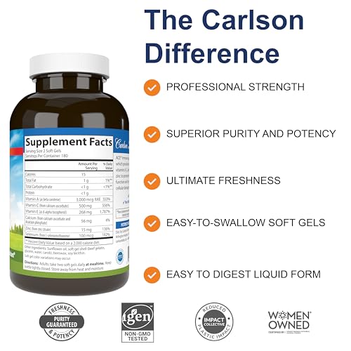 Carlson - ACES + Zn, Vitamins A, C, E + Selenium & Zinc, Multivitamin with Zinc, Cellular Health & Immune Support, Selenium Multivitamin, Antioxidant, 360 Softgels