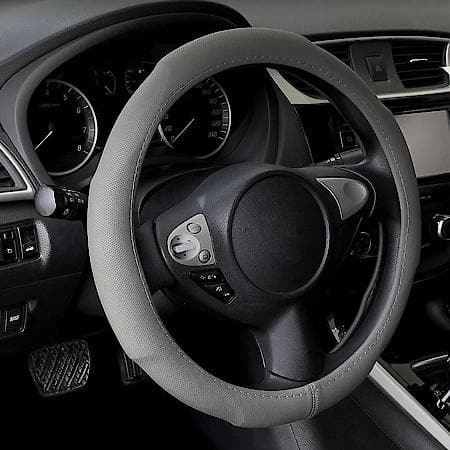 Car & SUV Steering Wheel Cover, Grey Perforated PU Leather, Sport, Fits 15" & Smaller, Contour Grip