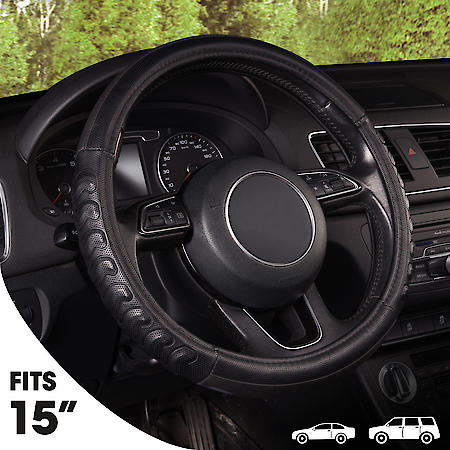 Action Grip Steering Wheel Cover: Black Faux Leather, Fits 14.5" - 15"