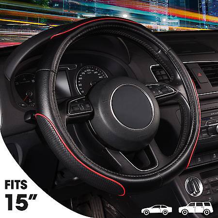 AutoCraft Sports Racing Style Steering Wheel Cover: Black Faux Leather, Fits 14.5" - 15", Red Accent