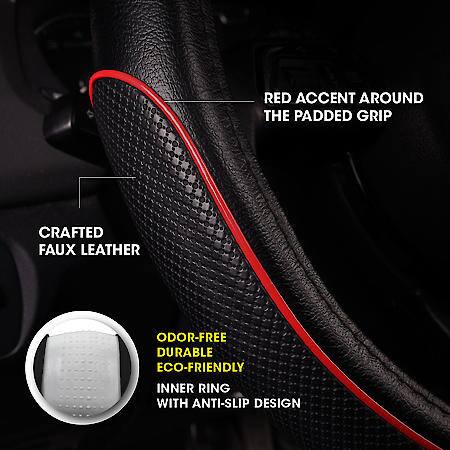 AutoCraft Sports Racing Style Steering Wheel Cover: Black Faux Leather, Fits 14.5" - 15", Red Accent