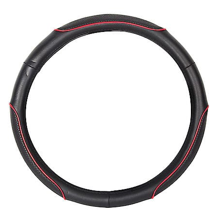 AutoCraft Sports Racing Style Steering Wheel Cover: Black Faux Leather, Fits 14.5" - 15", Red Accent