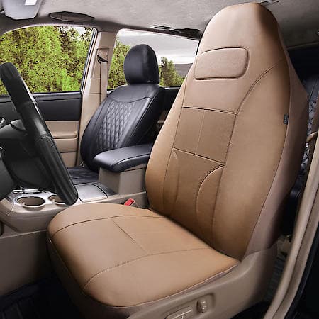 Car & SUV Seat Cover, Tan PU Leather, Sporty, Universal, High Back, Breathable, Soft hand feel, 1 Pk
