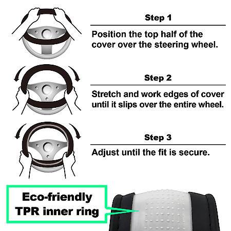 Steering Wheel Cover, Black Faux Leather, Classic, Fits 15.25" & Larger, Sleek Stitch