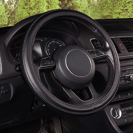Steering Wheel Cover, Black Faux Leather, Classic, Fits 15.25" & Larger, Sleek Stitch