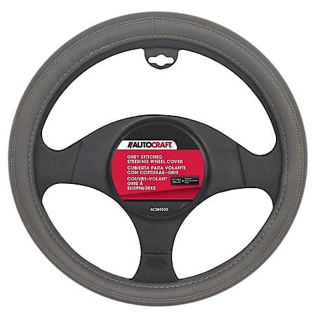 Steering Wheel Cover, Grey Faux Leather, Classic, Fits 15.25" & Larger, Sleek Stitch