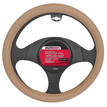 Steering Wheel Cover, Tan Faux Leather, Classic, Fits 15.25" & Larger, Sleek Stitch