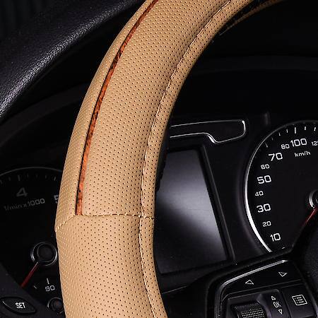 Steering Wheel Cover, Tan Faux Leather, Classic, Fits 15.25" & Larger, Woodgrain Trim