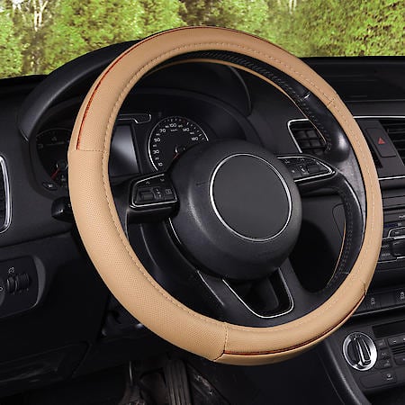 Steering Wheel Cover, Tan Faux Leather, Classic, Fits 15.25" & Larger, Woodgrain Trim