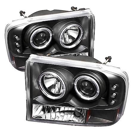 Halogen Bulb, Projector Beam With LED Dual Halo, Clear Lens, Black, Set Of 2