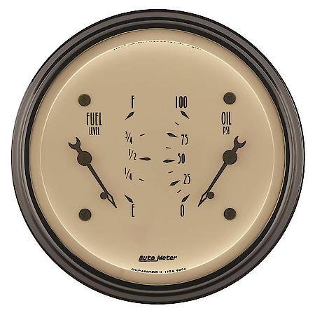 Gauge, Dual, Fuel and Oil Pressure, 3 3/8", 0 Ohms e-90 Ohms f and 100 PSI, Electrical, Antique Beige