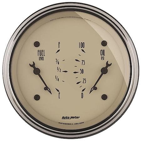 Gauge, Dual, Fuel and Oil Pressure, 3 3/8", 0 Ohms e-90 Ohms f and 100 PSI, Electrical, Antique Beige