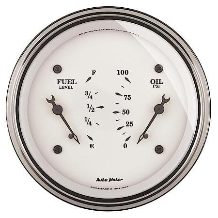 Gauge, Dual, Fuel and Oil Pressure; 3 3/8"; 240Oe-33Of/100 PSI; Electric; Old Tyme White
