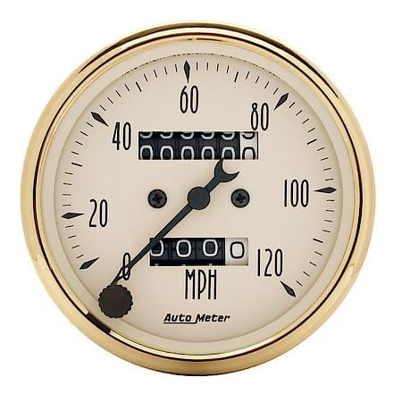Gauge; Speedometer; 3 1/8"; 120MPH; Mechanical; Black Bezel; Golden Oldies