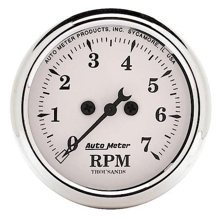 Gauge; Tachometer; 2 1/16"; 7K RPM; In-Dash; Old Tyme White