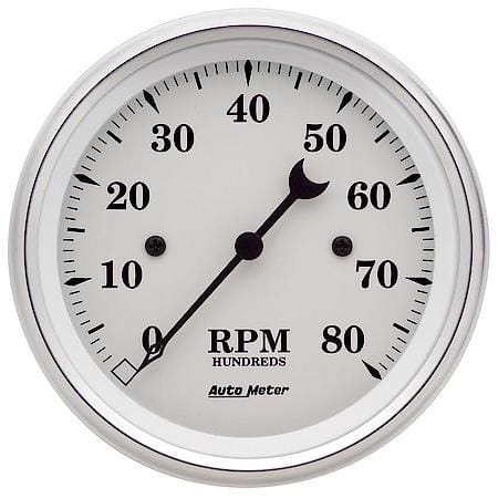 Gauge; Tachometer; 3 3/8"; 8K RPM; In-Dash; Old Tyme White