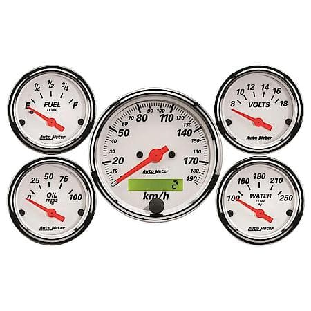 Gauge Kit; 5 Piece; 3 1/8 in./2 1/16"; Electrical Km/H Speedometer.; Arctic White