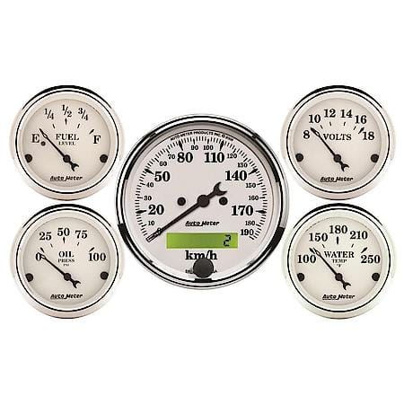 Gauge Kit; 5 Piece; 3 1/8 in./2 1/16"; Electrical Km/H Speedometer; Old Tyme White