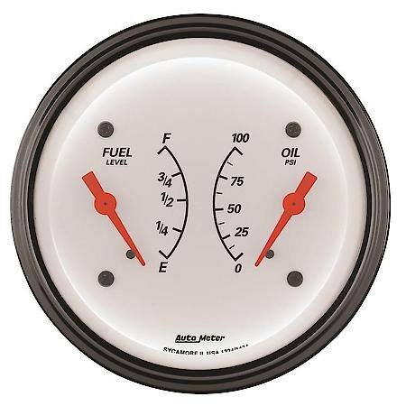 Gauge, Dual, Fuel and Oil Pressure; 3 3/8"; 240Oe-33Of/100 PSI; Electric; Arctic White
