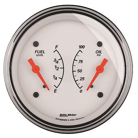 Gauge, Dual, Fuel and Oil Pressure; 3 3/8"; 240Oe-33Of/100 PSI; Electric; Arctic White