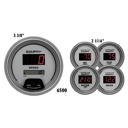 Gauge Kit; 5 Piece; 3 3/8 in./2 1/16"; Electrical Speedometer; Digital; Silver Dial With Red LED