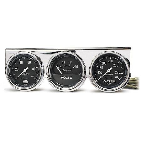 Gauge Console; Oil Pressure/Water Temperature/Voltage; 2 5/8"; 100 PSI/280  Deg. F/16V; Black Dial; Chrome Bezel