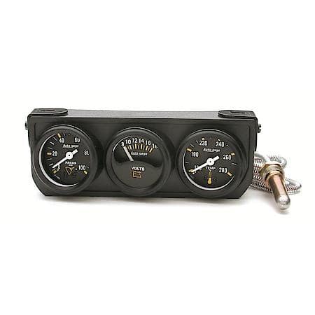 Gauge Console; Oil Pressure/Water Temperature/Voltage; 1.5"; 100 PSI/280  Deg. F/18V; Mechanical Black Dial; Black Bezel