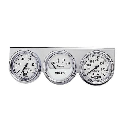 Gauge Console, Oil Pressure/Water Temperatue/Volt, 2 5/8", 100 PSI/280F/16V, White Dial, Chrome Bezel, AutoGauge