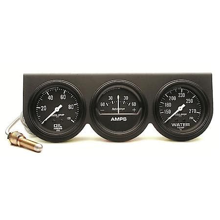 Gauge Console; Oil Pressure/Water Temperature/Amperage; 2 5/8"; 100 PSI/280  Deg. F/60A; Black Dial; Black Bezel
