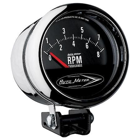 Gauge; Tach; 3 3/4"; 8K RPM; Pedestal With Retro Short Sweep; Traditional Chrome