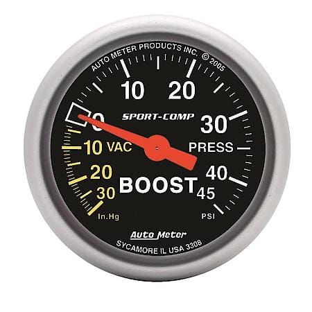 Gauge; Vac/Boost; 2 1/16"; 30Inhg-45 PSI; Mechanical; Sport-Comp