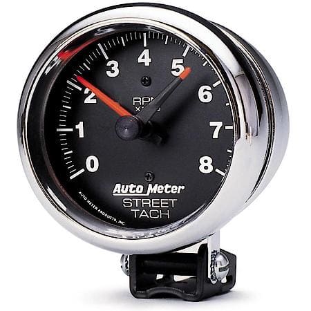 Gauge; Tachometer; 3 3/4"; 8K RPM; Pedestal With Red Line; Traditional Chrome