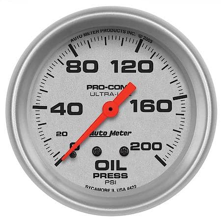Gauge; Oil Pressure; 2 5/8"; 200 PSI; Mechanical; Ultra-Lite