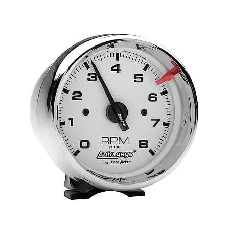 Gauge; Tach; 3 3/4"; 8K RPM; Pedestal; White Dial Chrome Case; AutoGauge