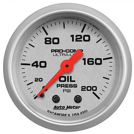 Gauge; Oil Pressure; 2 1/16"; 200 PSI; Mechanical; Ultra-Lite