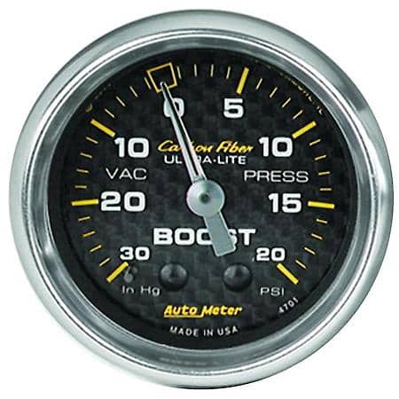Gauge; Vac/Boost; 2 1/16"; 30Inhg-20 PSI; Mechanical; Carbon Fiber
