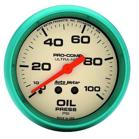 Gauge; Oil Press; 2 5/8"; 100 PSI; Mechanical; Glow In The Dark; Ultra-Nite
