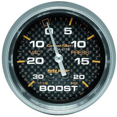Gauge; Vac/Boost; 2 5/8"; 30Inhg-20 PSI; Mechanical; Carbon Fiber
