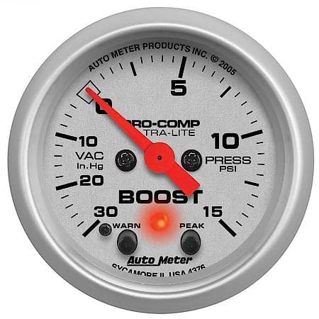 Gauge; Vac/Boost; 2 1/16"; 30Inhg-15 PSI; Stepper Motor With Peak/Warn; Ultra-Lite