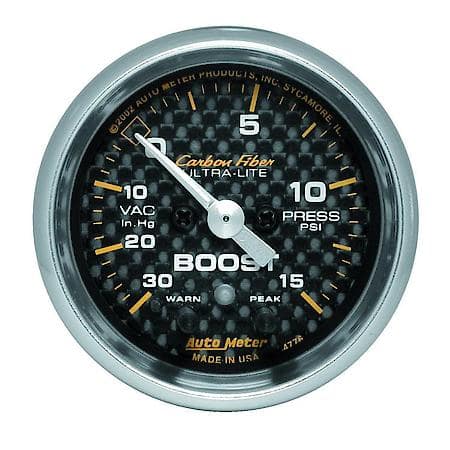 Gauge; Vac/Boost; 2 1/16"; 30Inhg-15 PSI; Stepper Motor With Peak/Warn; Carbon Fiber