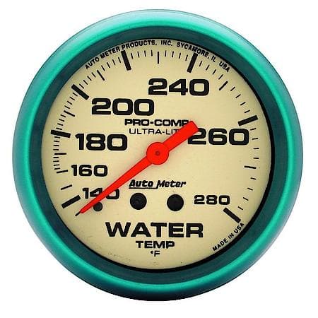 Gauge, Water Temp, 2 5/8", 140-280  Deg. F, Mechanical, 4 Ft., Glow In Dark, Ultra-Nite