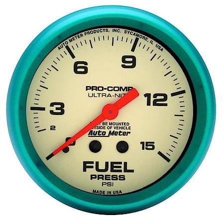 Gauge; Fuel Press; 2 5/8"; 15 PSI; Mechanical; Glow In The Dark; Ultra-Nite