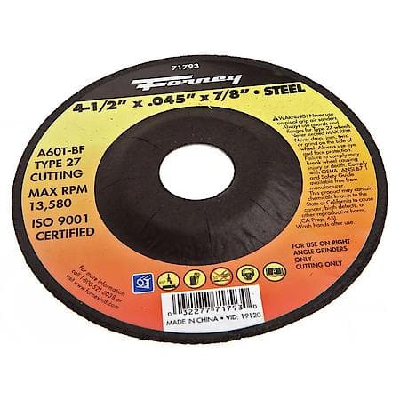 Metal Cut Off Wheel - Dia, 4-1/2in x Thick, .045 x Hole, 7/8in - Type 27 (A60T) - Max RPM, 13,299