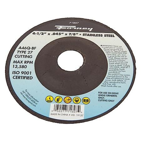 Stainless Steel Cut Off Wheel - Dia, 4-1/2in Thickness, .045 x 7/8in Type 27 (WA60T) - Max RPM, 13,299