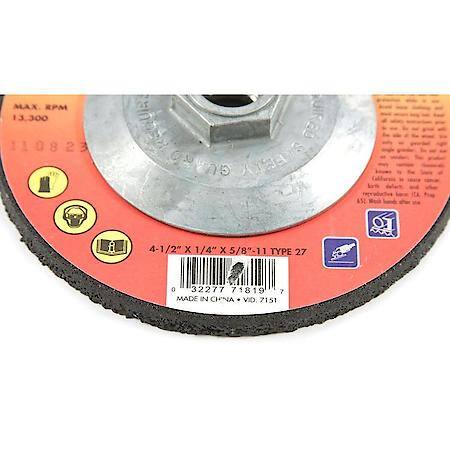 Grinding Wheel, Metal, Type 27, 4-1/2 Inch x 1/4 Inch x 5/8 Inch-10