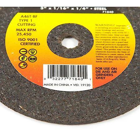 Cut-Off Wheel, Metal, Type 1, 3 Inch x 1/16 Inch x 1/4 Inch