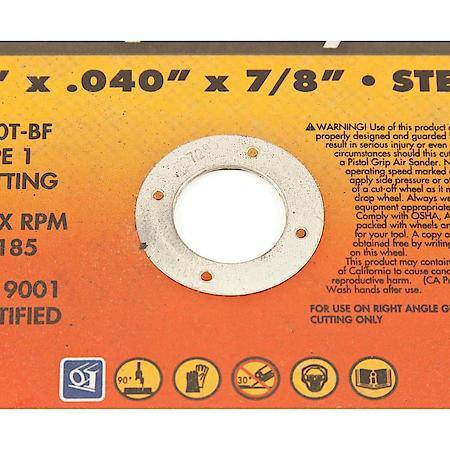 Cut-Off Wheel, Metal, Type 1, 6 Inch by .040 Inch by 7/8 Inch