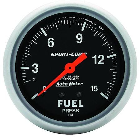 Gauge, Fuel Pressure, 2 5/8", 15 PSI, Mechanical With Isolator, Sport-Comp