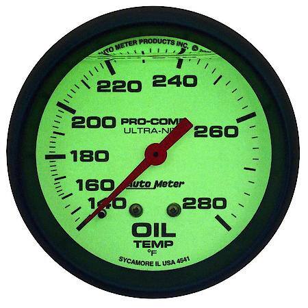 Gauge; Oil Temperature; 2 5/8"; 140-280 Deg. F; Liquid Filled Mechanical; Glow In Dark; Ultra